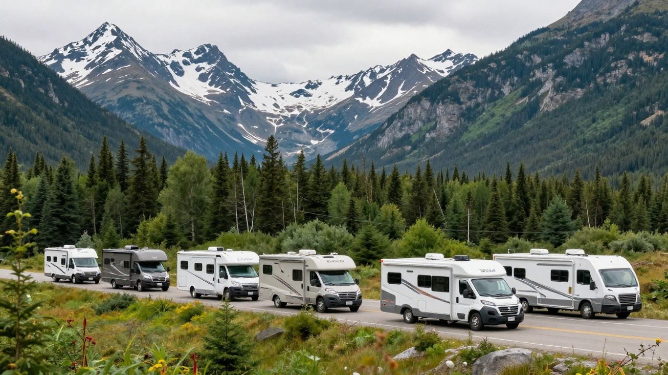 Various motorhomes parked with Canadian mountains backdrop.