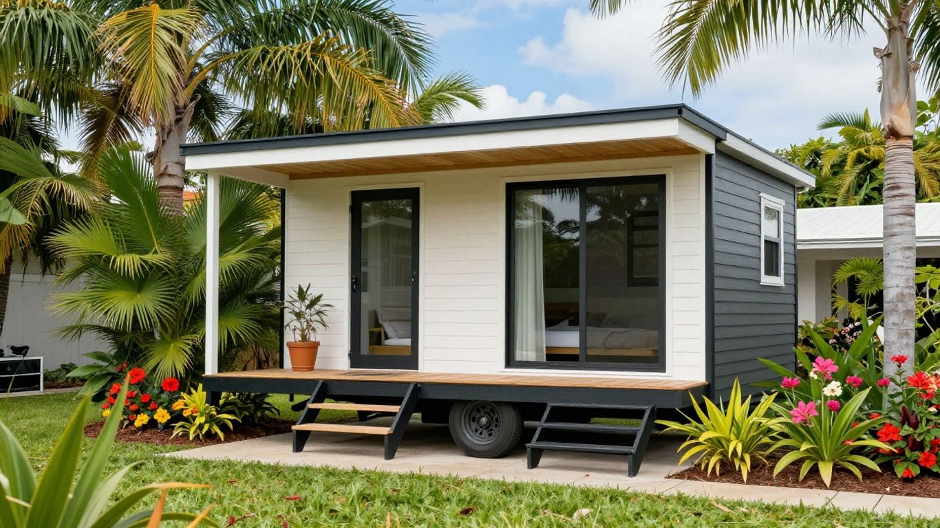 Tiny home on wheels in Florida backyard.