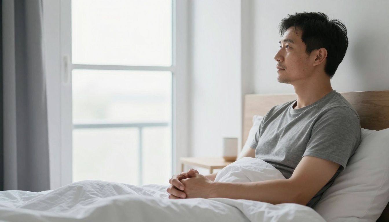A man in his late 30s, looking thoughtfully out a window at the early morning light, appearing rested and calm in a modern, minimalist bedroom.