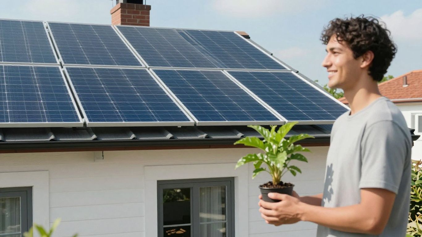 Panneaux solaires sur un toit, maison, personne souriante.