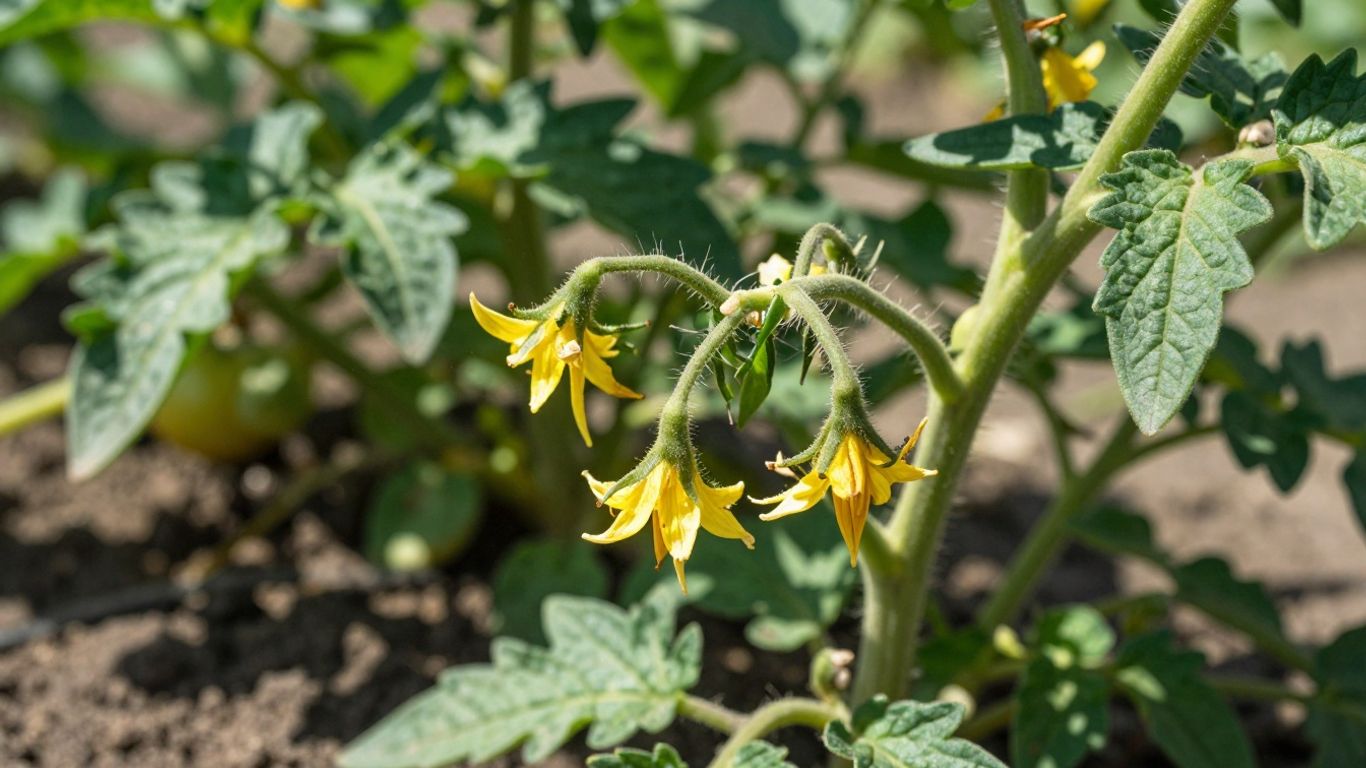 Verwelkte Tomatenblüten fallen vom Stiel der Pflanze.
