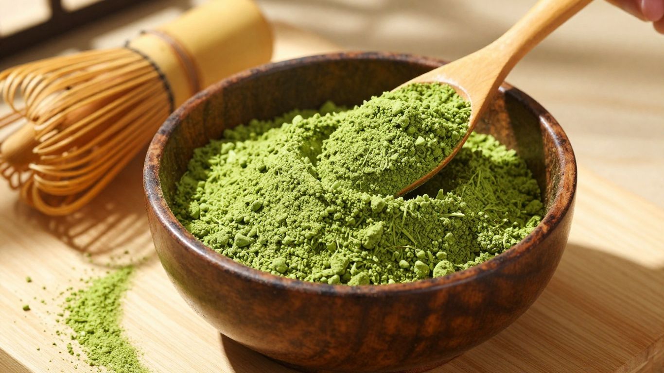 Vibrant green matcha powder with bamboo whisks.
