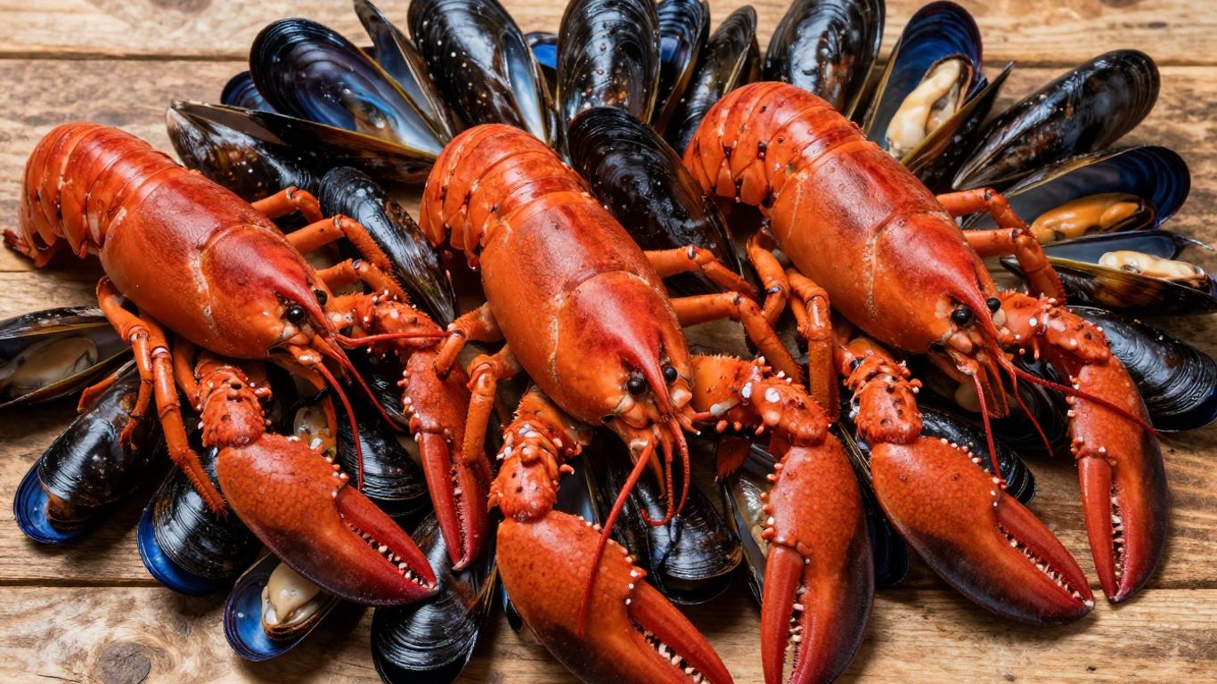 Fresh Cornish lobsters and mussels ready for cooking.
