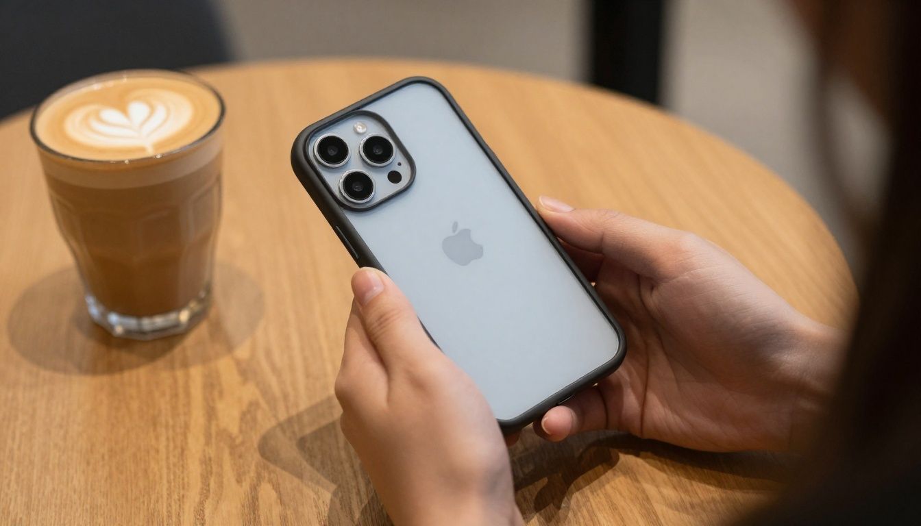 A person in an Australian cafe checking their iPhone 17 Air, which is protected by a stylish case.
