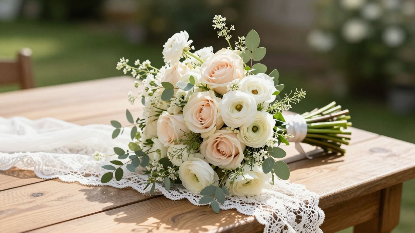 Seasonal wedding bouquet beside lace dress