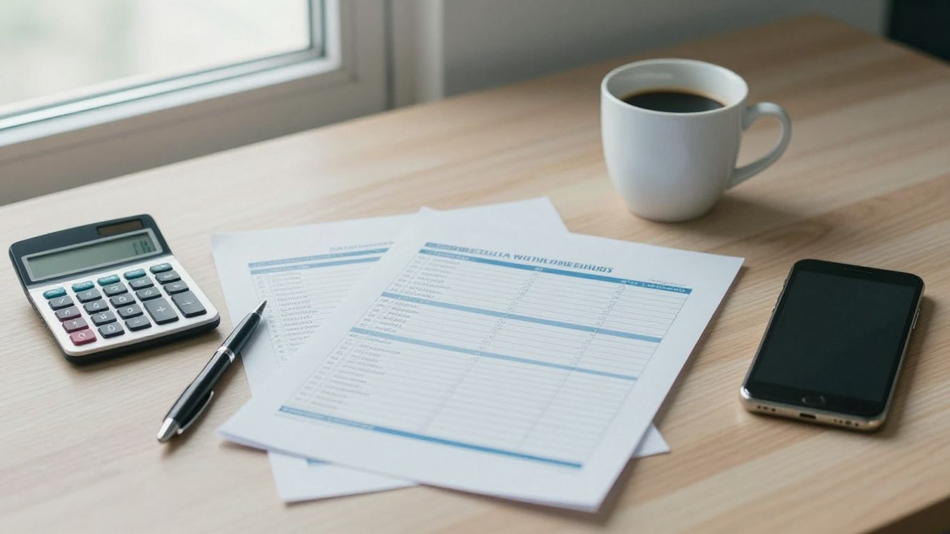Documentos financieros junto a calculadora y café