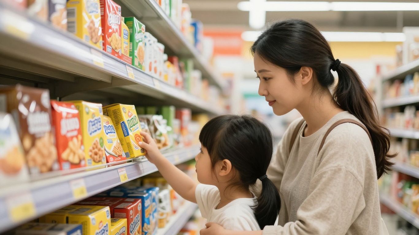Parent reading labels in store