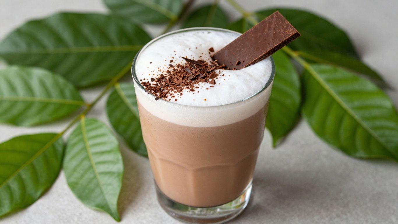 Cacao sour cocktail with chocolate garnish and cacao leaves.