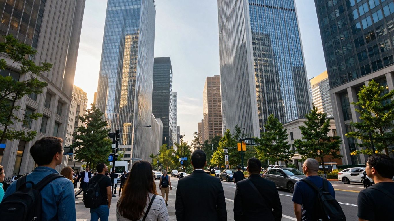 Financial district skyline at sunrise, people looking towards opportunity.