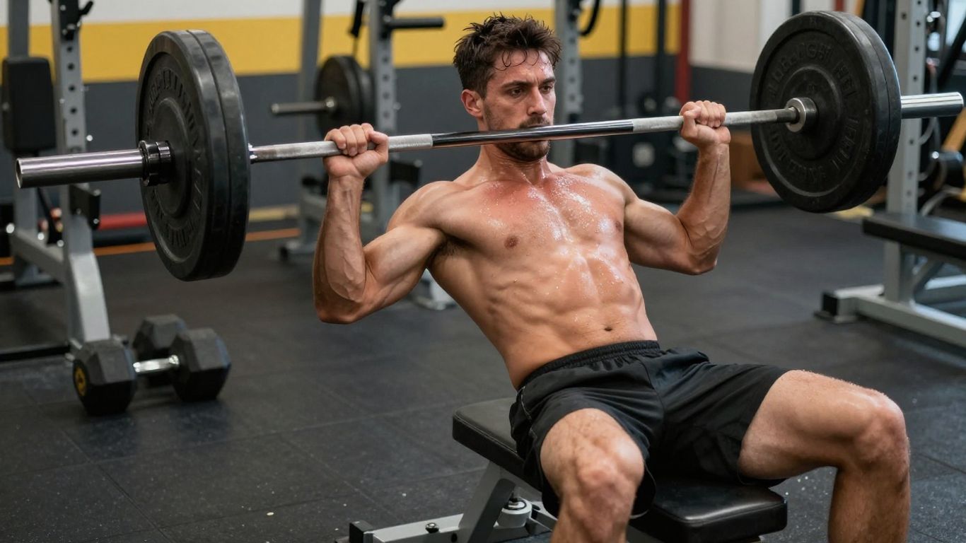 Man performing a bench press exercise in a gym.