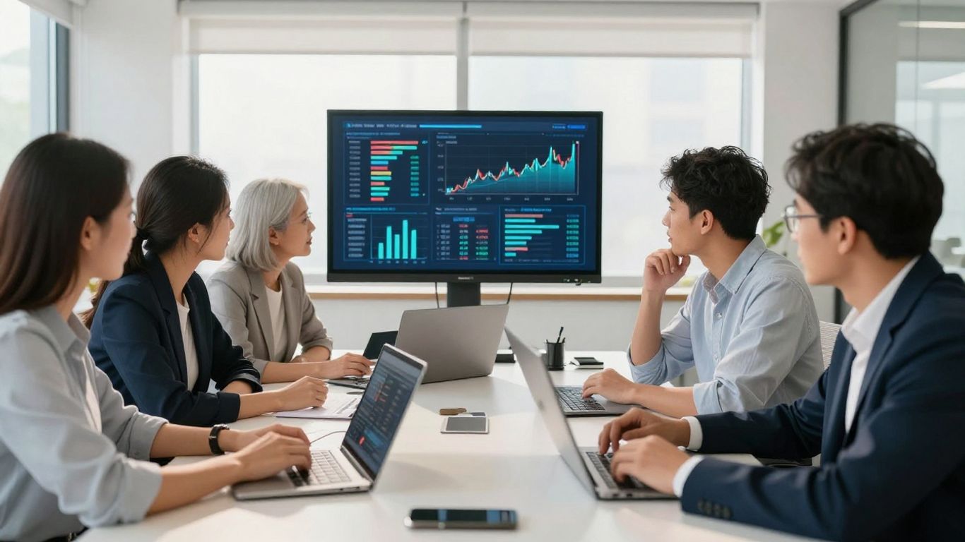 Інвестори співпрацюють за столом з цифровими даними.