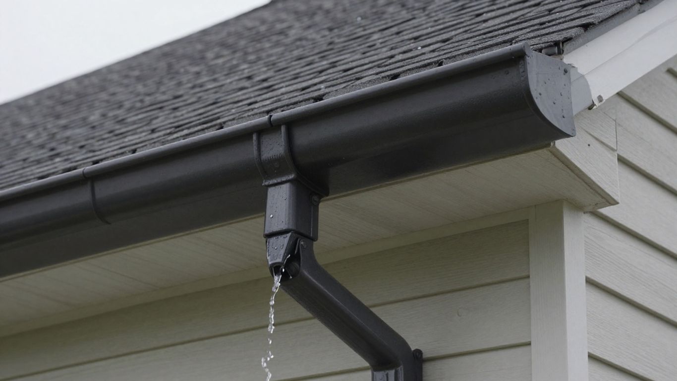 Newly installed gutter with water flowing towards downspout.