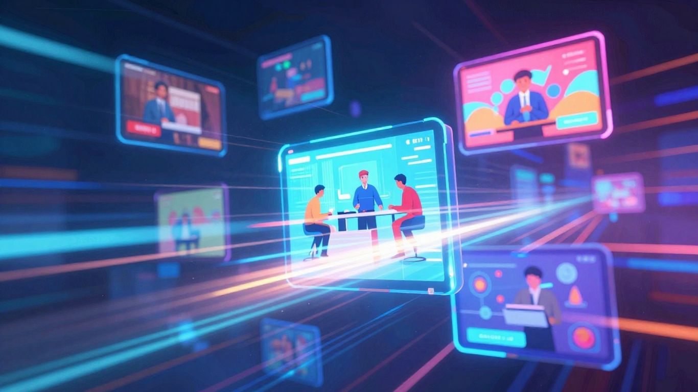 Digital advertising screens with vibrant video content and light trails.