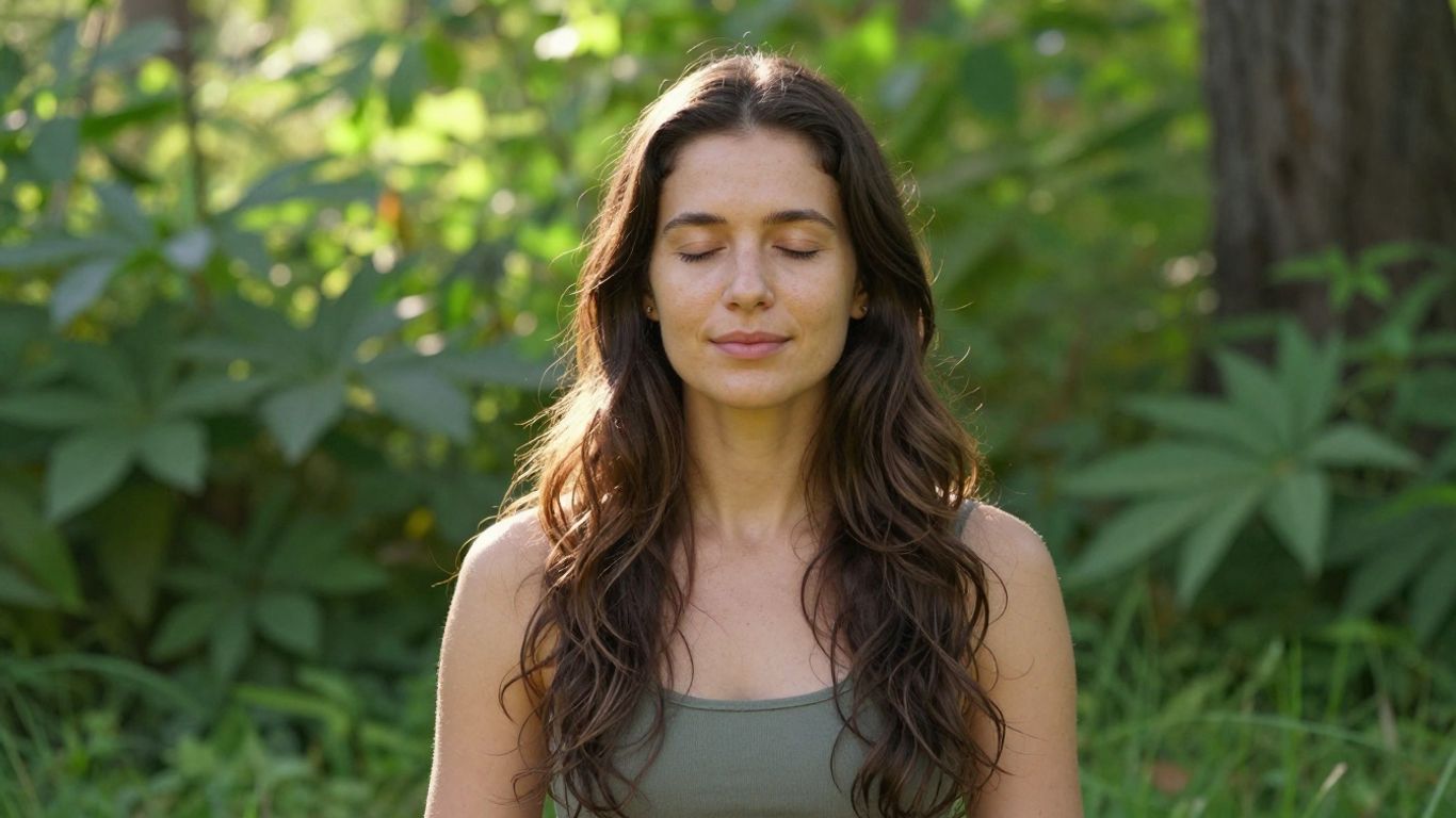 Person meditating peacefully outdoors in nature.