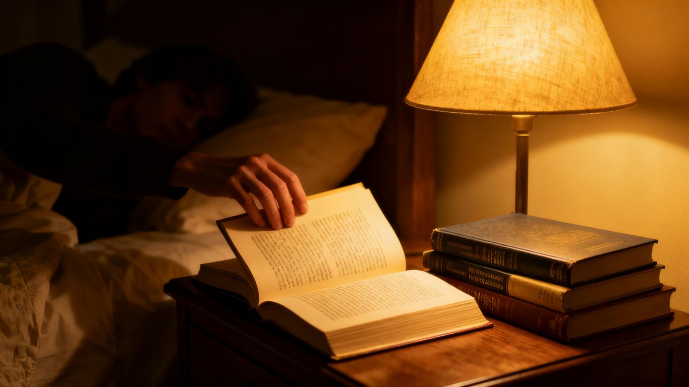 Books piled on a nightstand, illuminated by a lamp at 3 AM.
