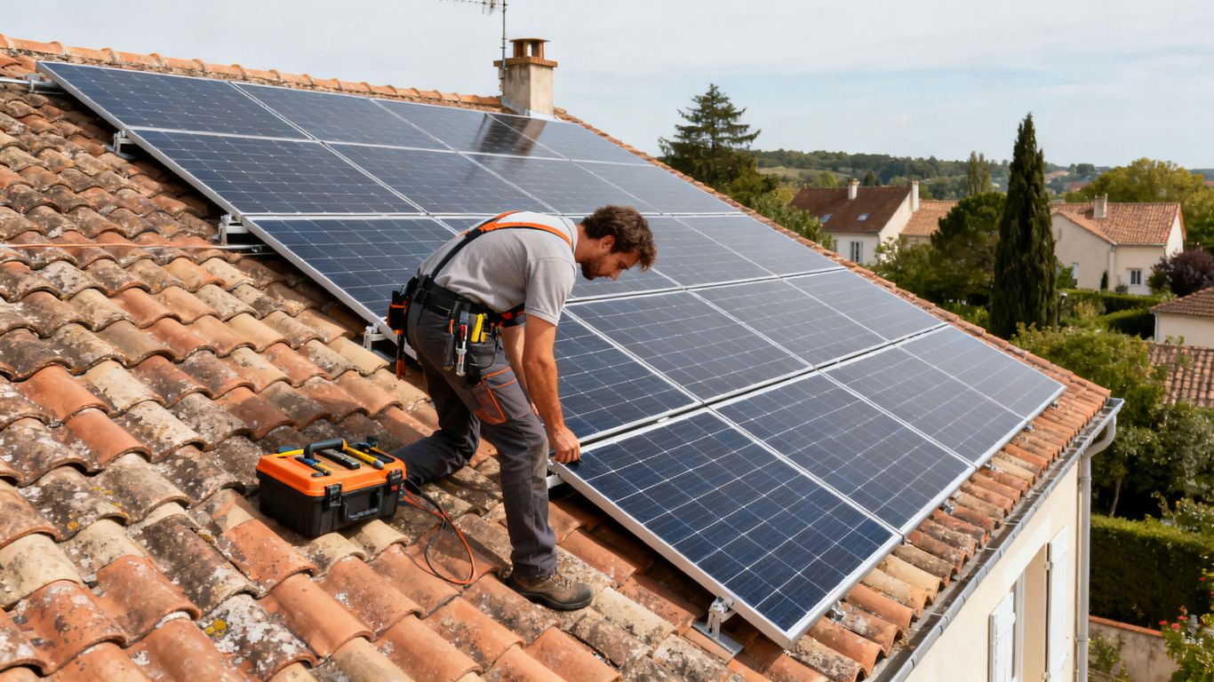 Installation solaire résidentielle avec panneaux sur toiture inclinée