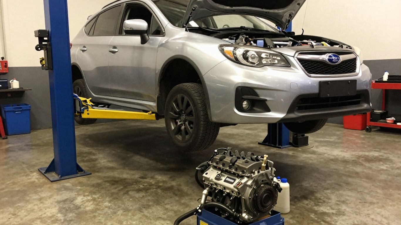 Subaru engine installation in a Melbourne workshop