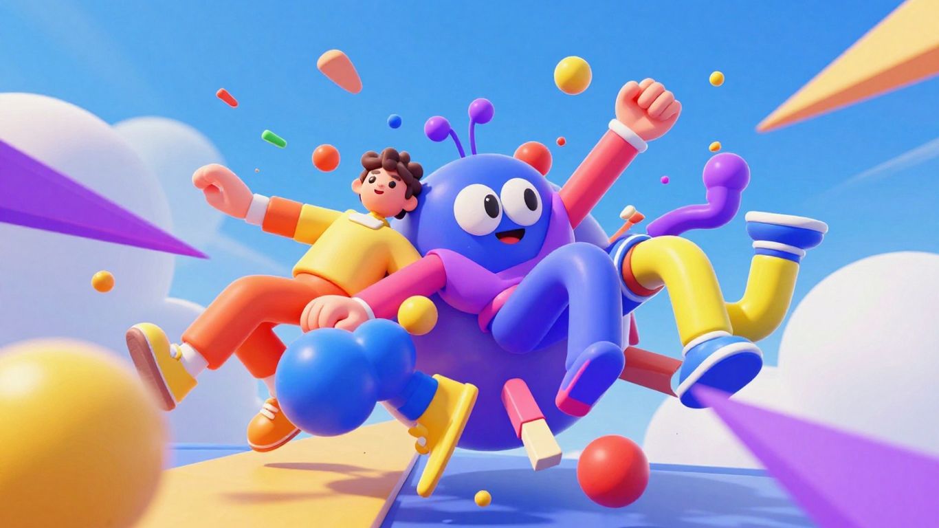 Three colorful characters falling in a 3D game.