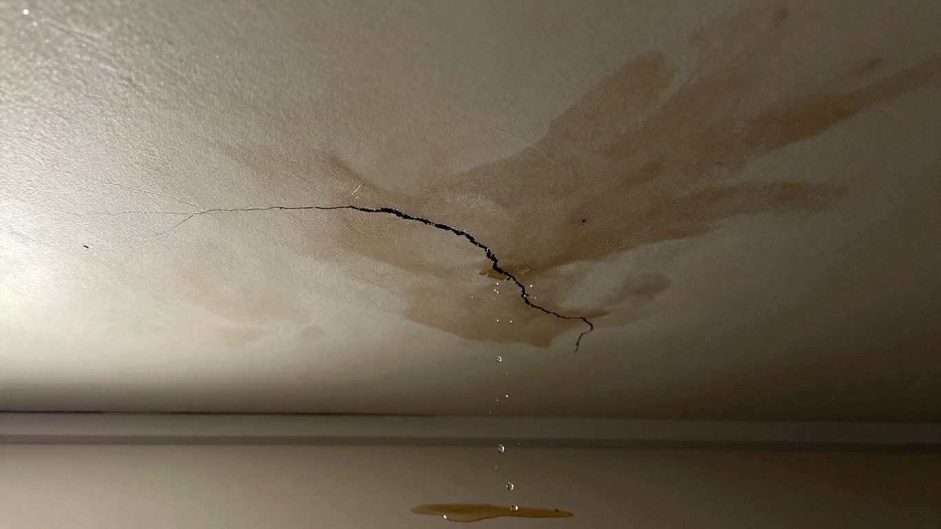 Water damage on ceiling from storm roof damage