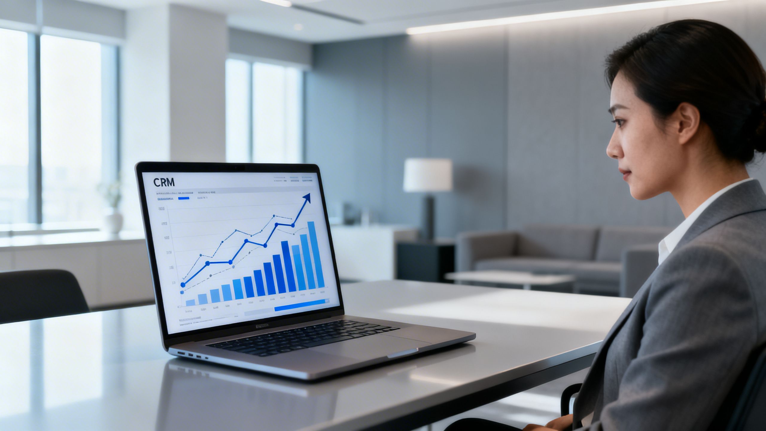 A business manager analyzing growth charts on a laptop in a modern office, symbolizing CRM data analysis