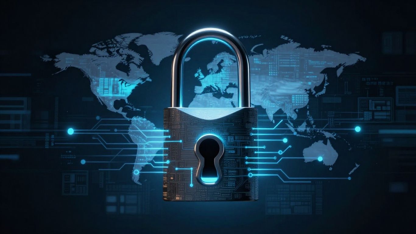 Harta lumii cu lacăt digital și fluxuri de date.