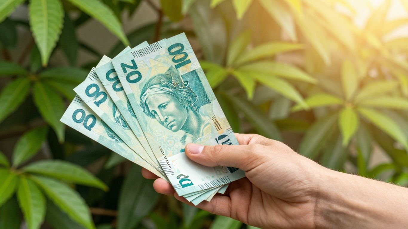 Pessoa segurando dinheiro com plantas e brilho dourado.