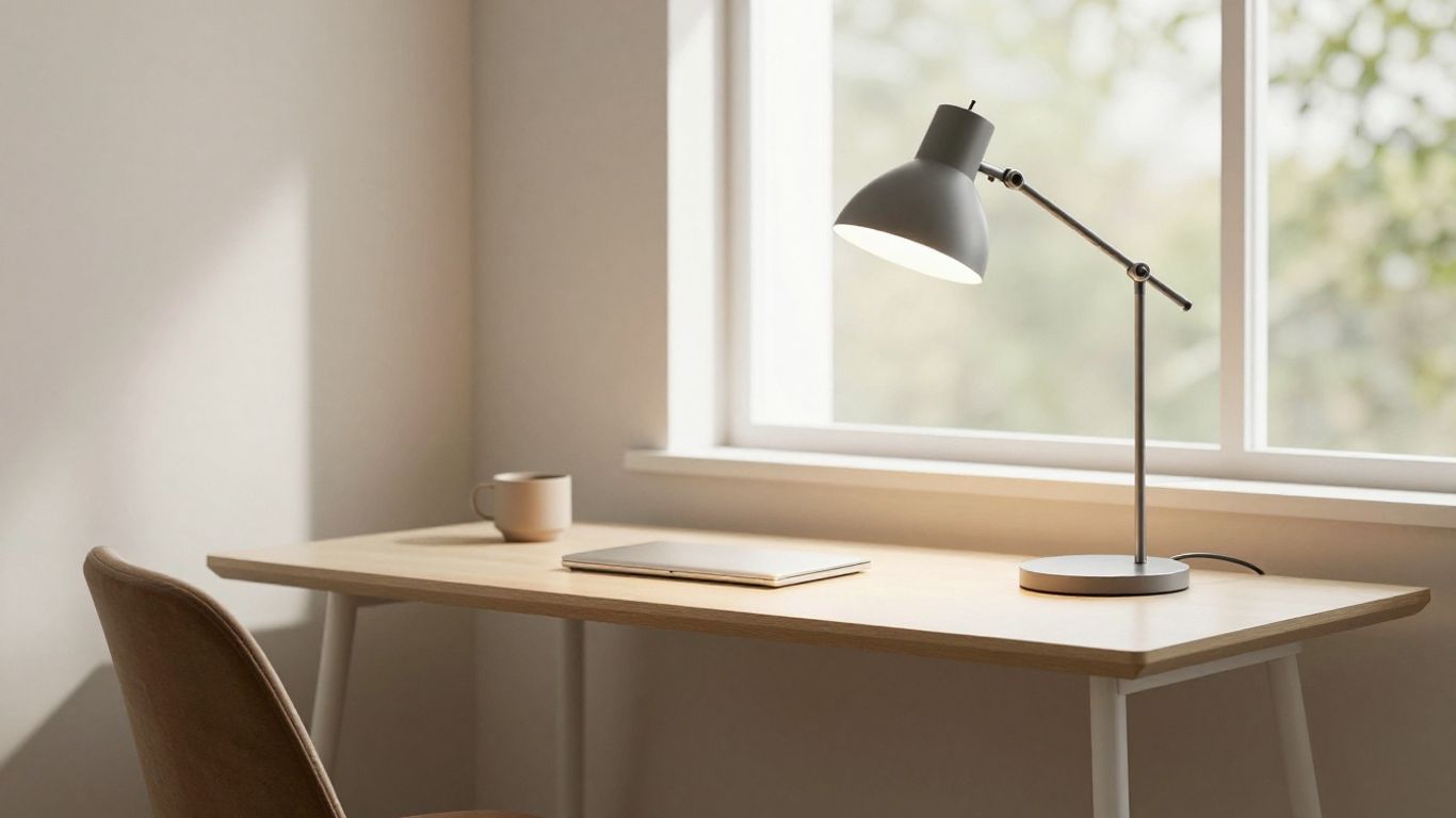 Helles Büro mit moderner Tageslichtlampe auf Schreibtisch