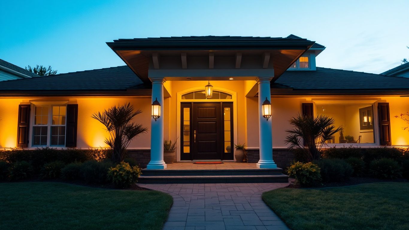 Warm lights illuminating a house's welcoming front entryway.