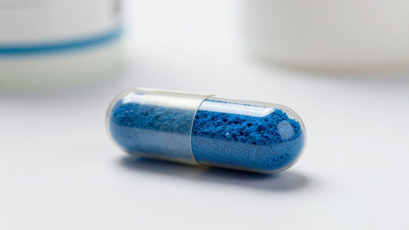 Blue GHK-Cu supplement capsule on a clean surface.