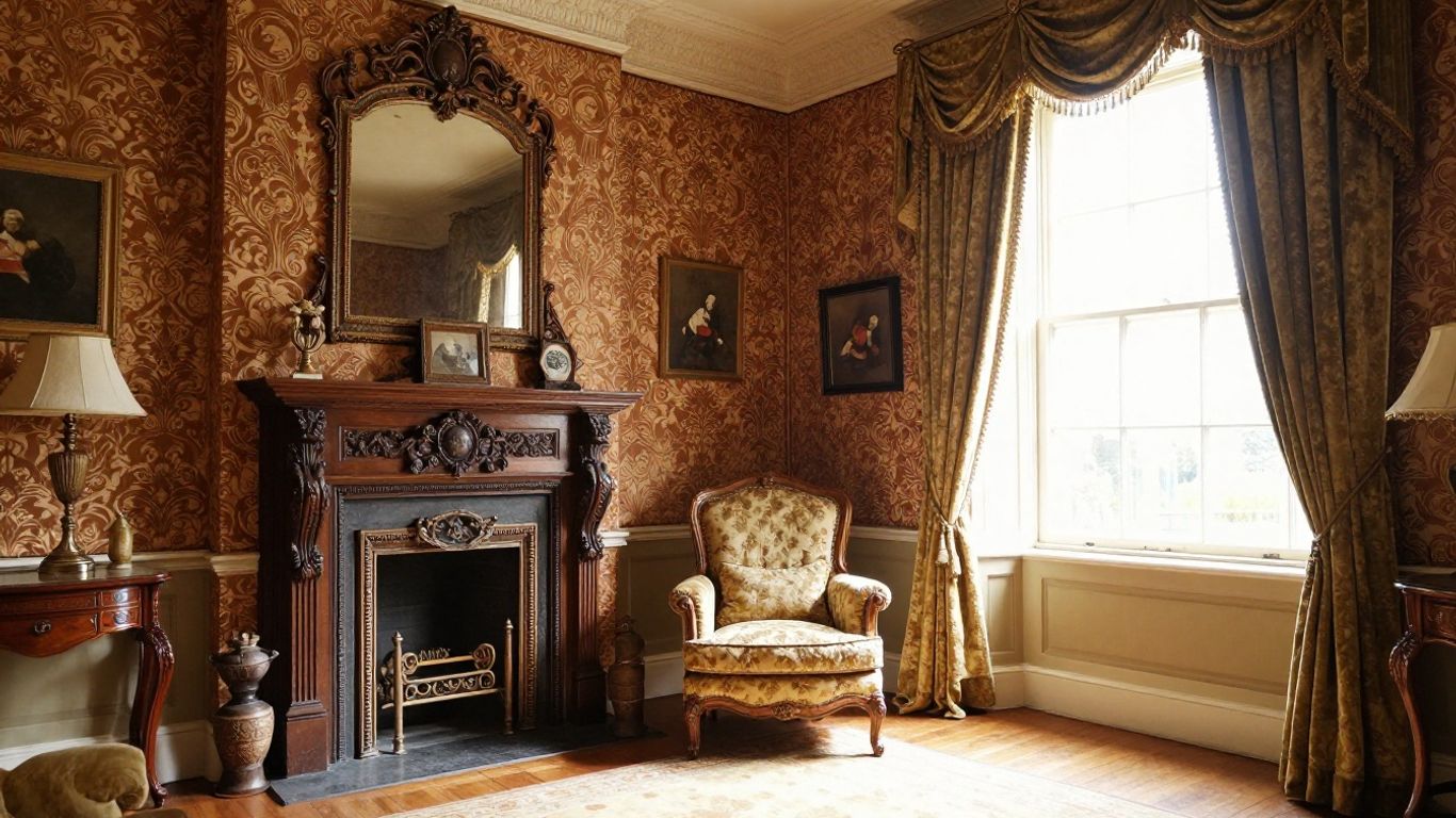 Ornate Victorian living room interior with velvet curtains.