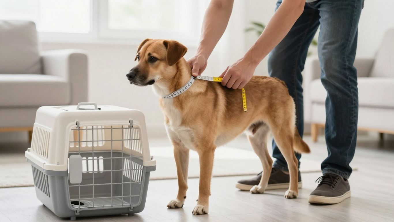 Pet parent measuring a dog beside kennel