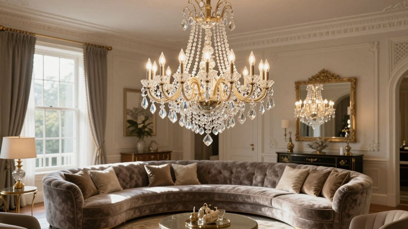 Elegant living room with a sparkling crystal chandelier.