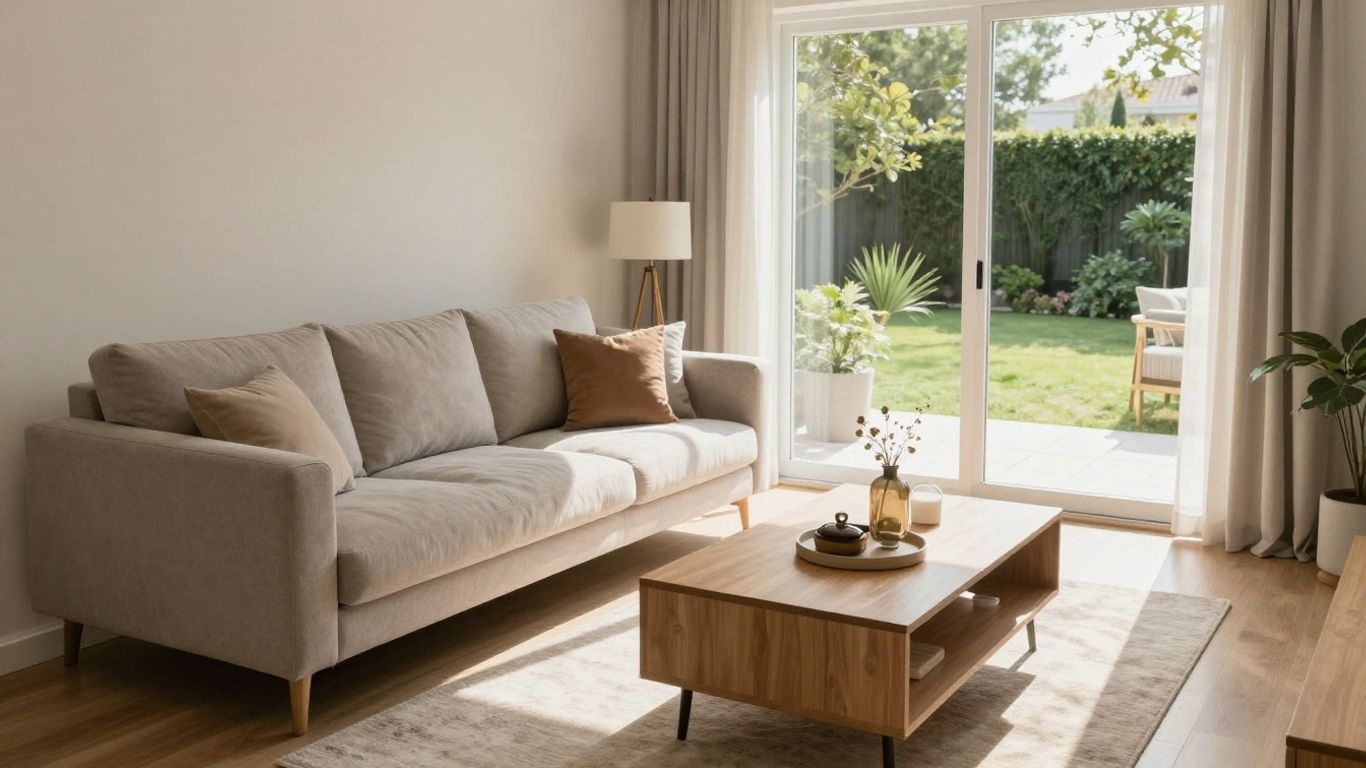 Sala de estar luminosa con sofá y jardín.