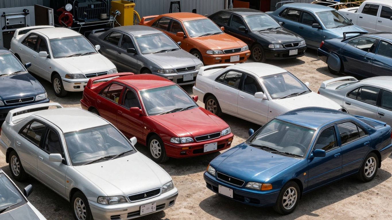 Mitsubishi car parts and vehicles at a wrecking yard.