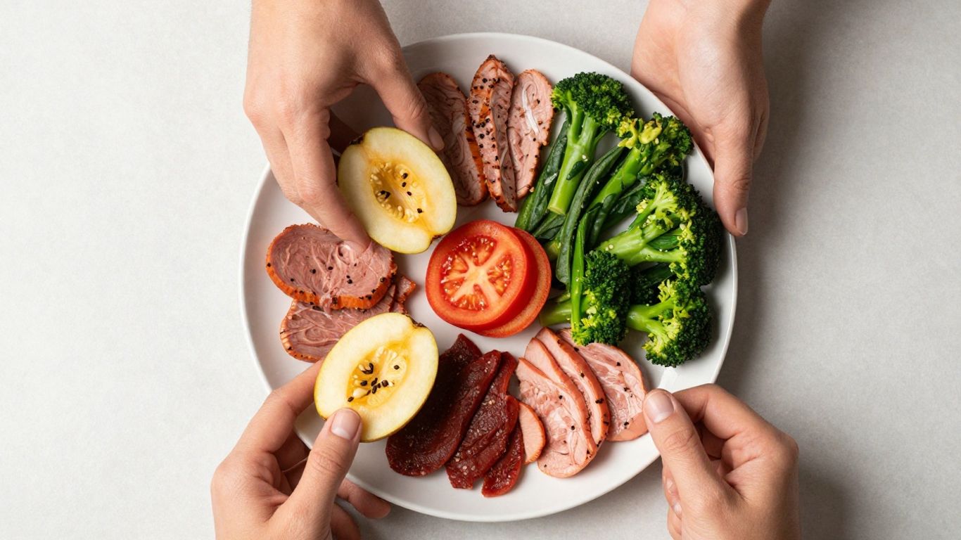 Hands arranging healthy food portions on a plate.