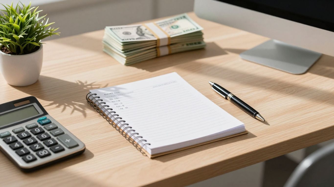 Financial ledger, calculator, and bills on a desk.