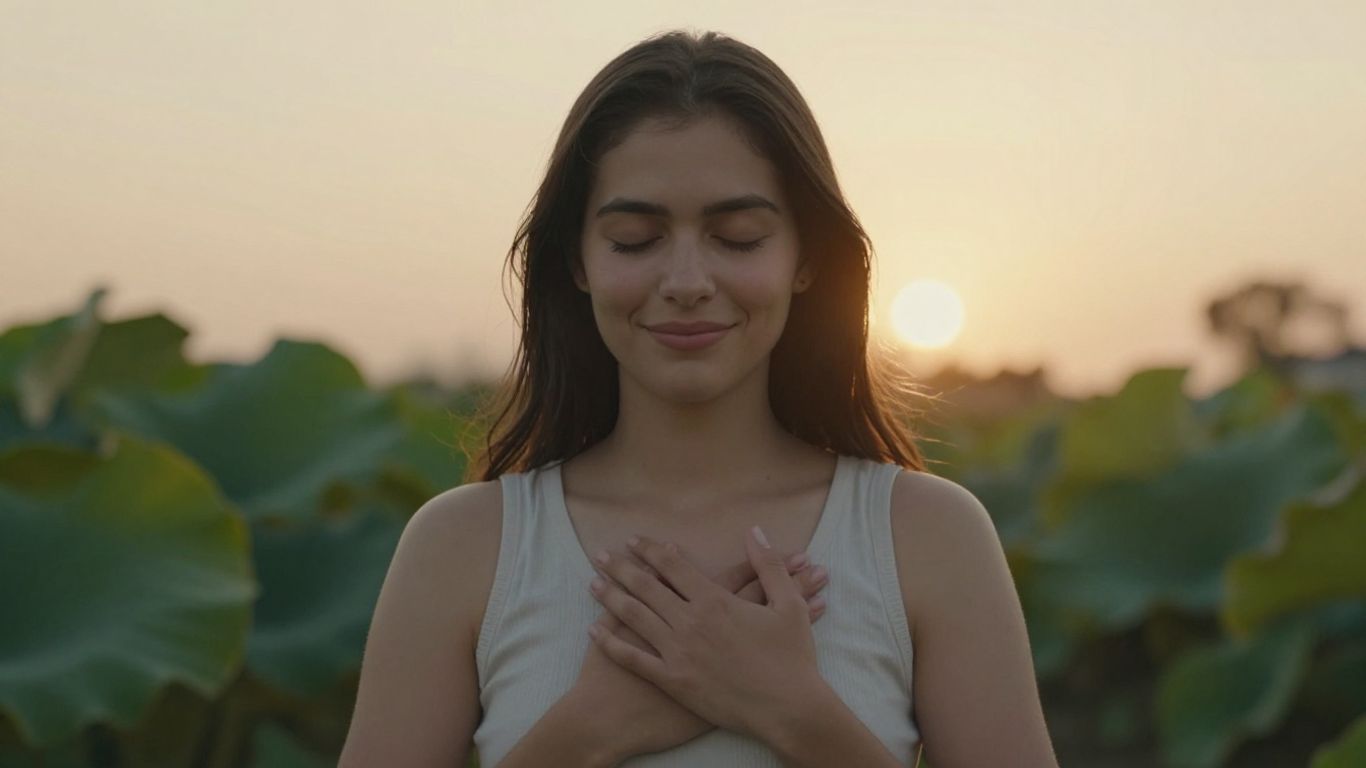 Person smiling with hands on heart, feeling grateful.