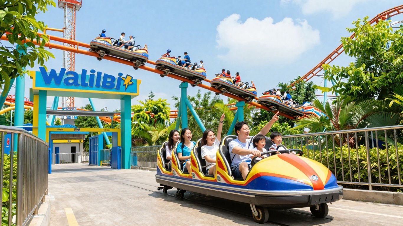 Walibi park entrance with roller coaster and happy family.