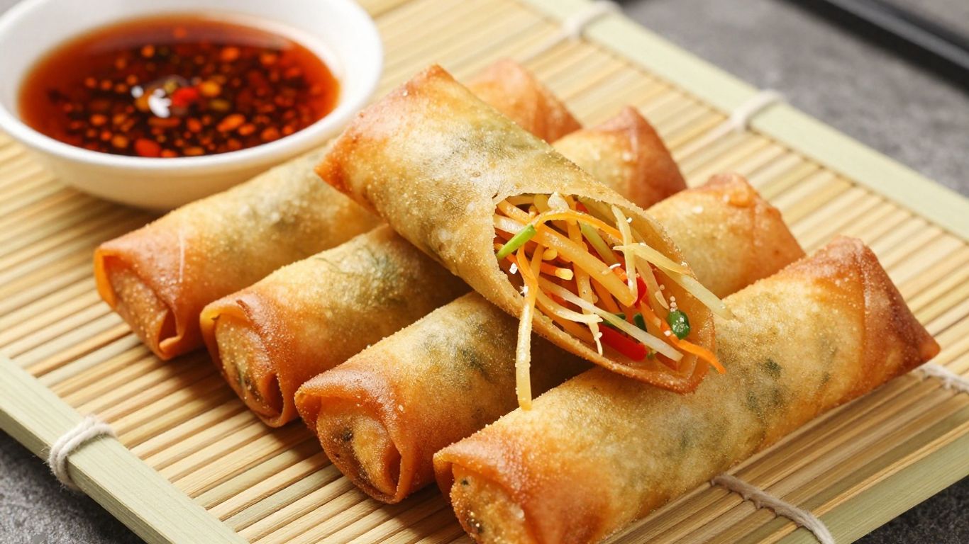 Golden Chinese spring rolls with dipping sauce