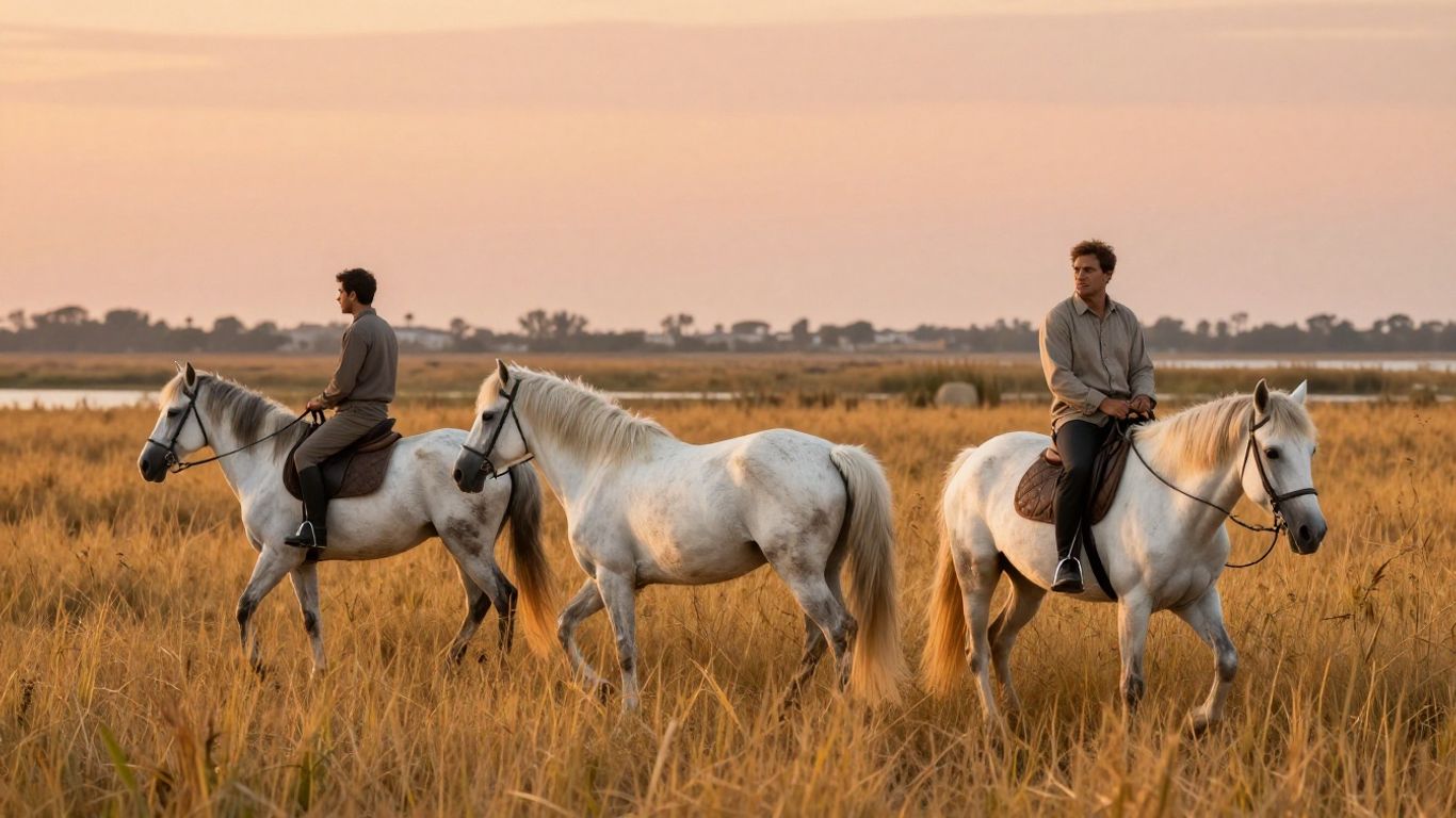 White horses walking through golden Camargue marshes