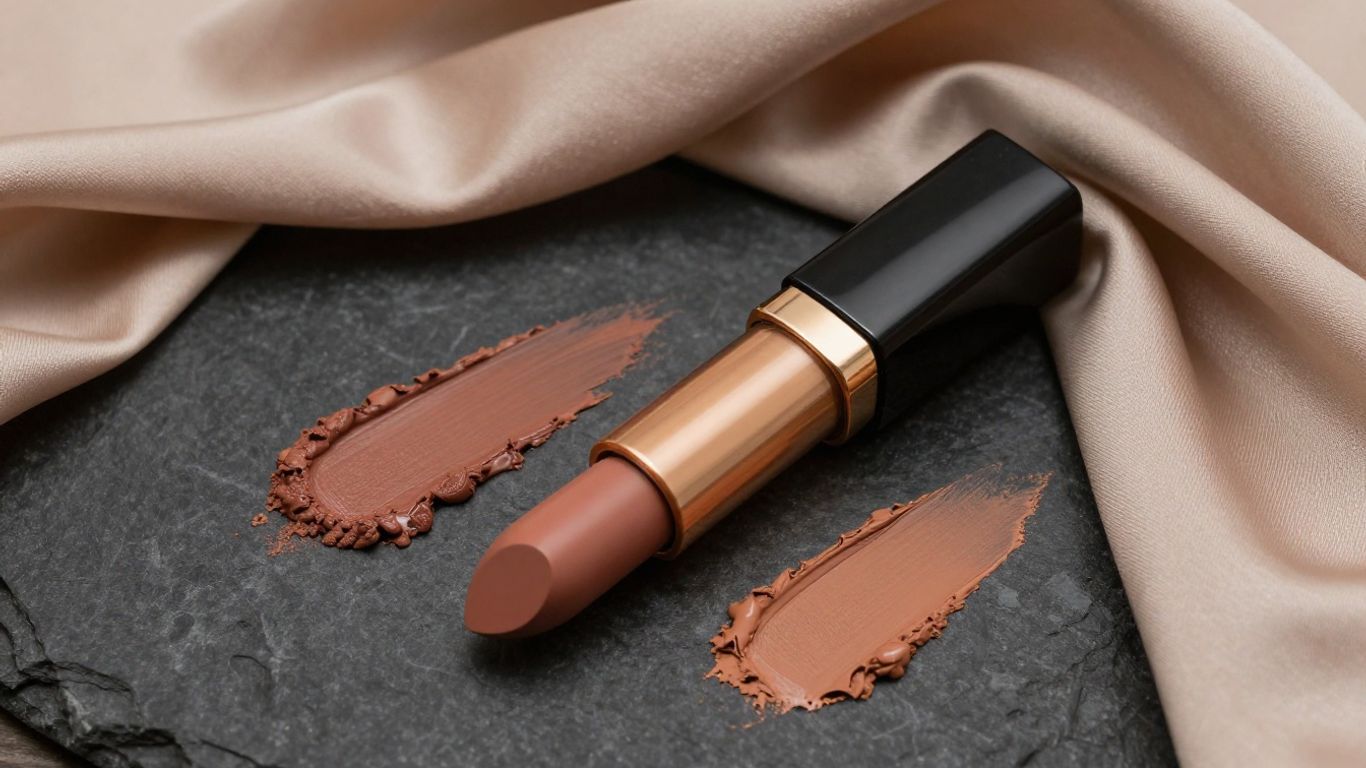 Deep neutral nude lipstick with warm natural skin palette