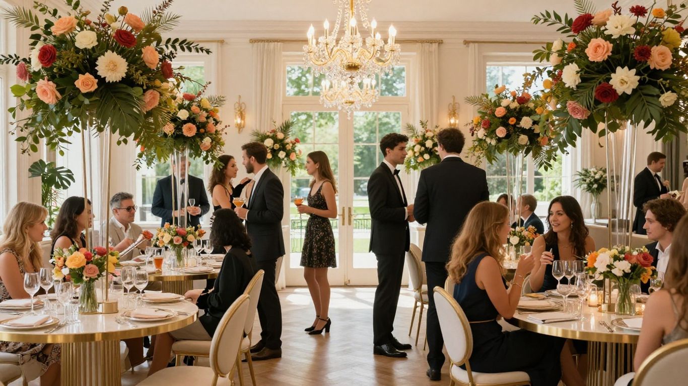 Elegant ballroom with floral decor and chandeliers for a celebration.
