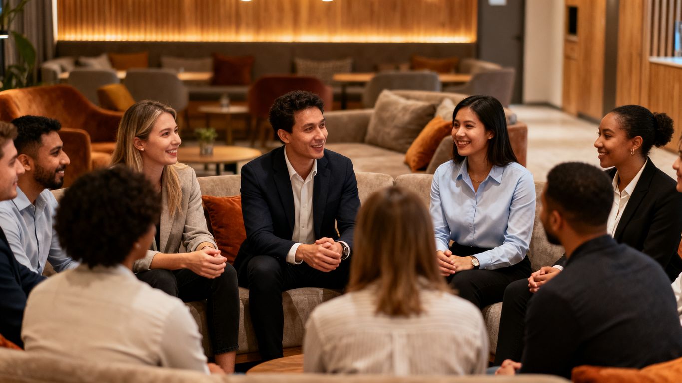 A diverse team discussing a hostel event