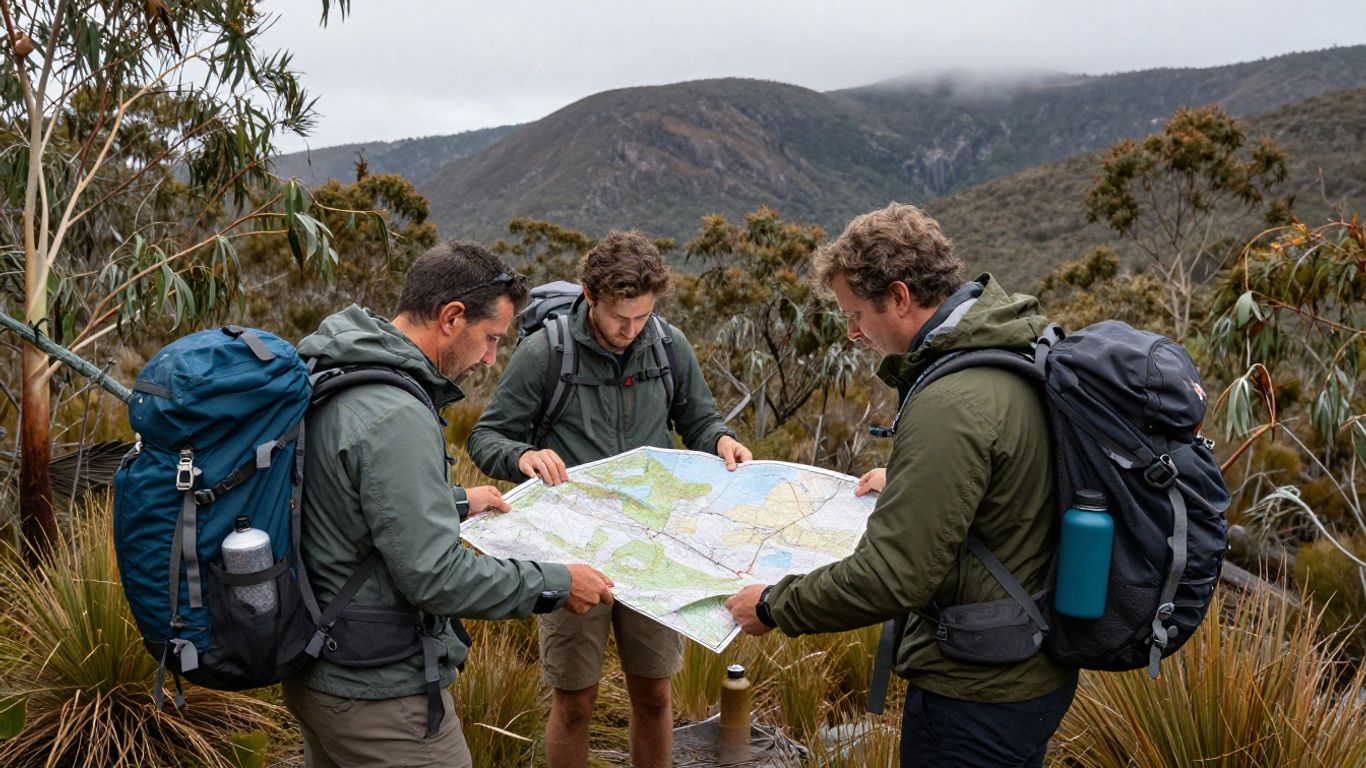 Hikers checking a map beside a Tasmanian trailhead