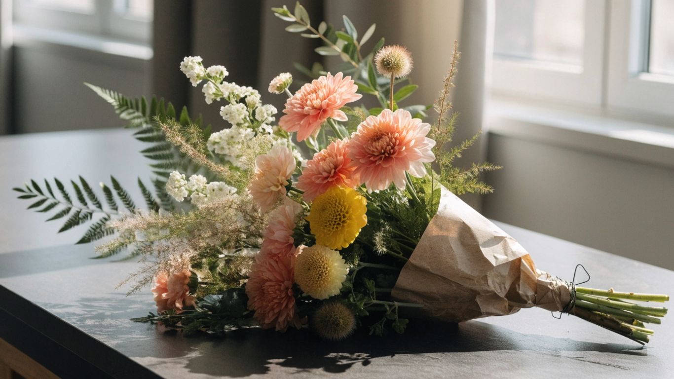 Seasonal flowers arranged in a simple bouquet