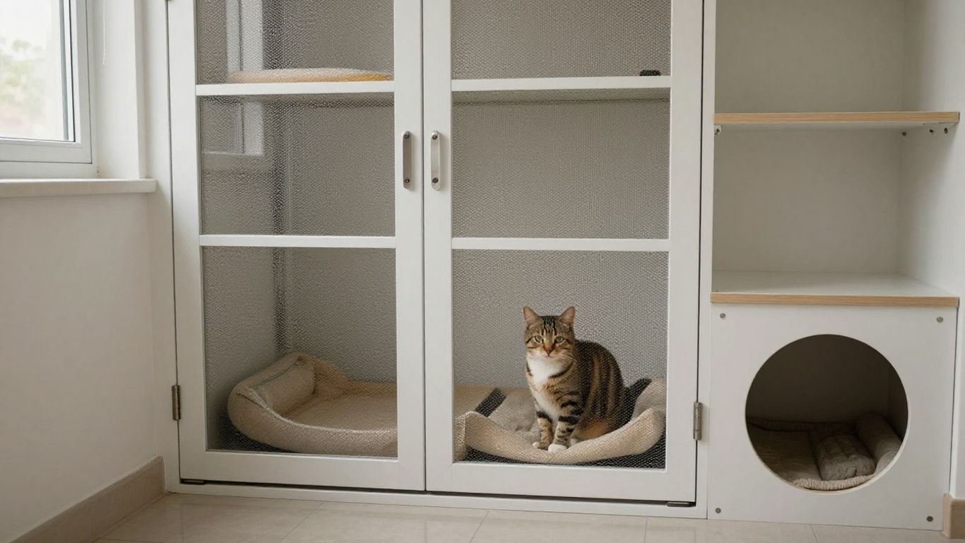 Bright clean cat hotel room with secure doors