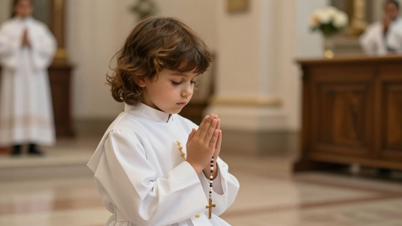 Child in white receiving First Communion in church.