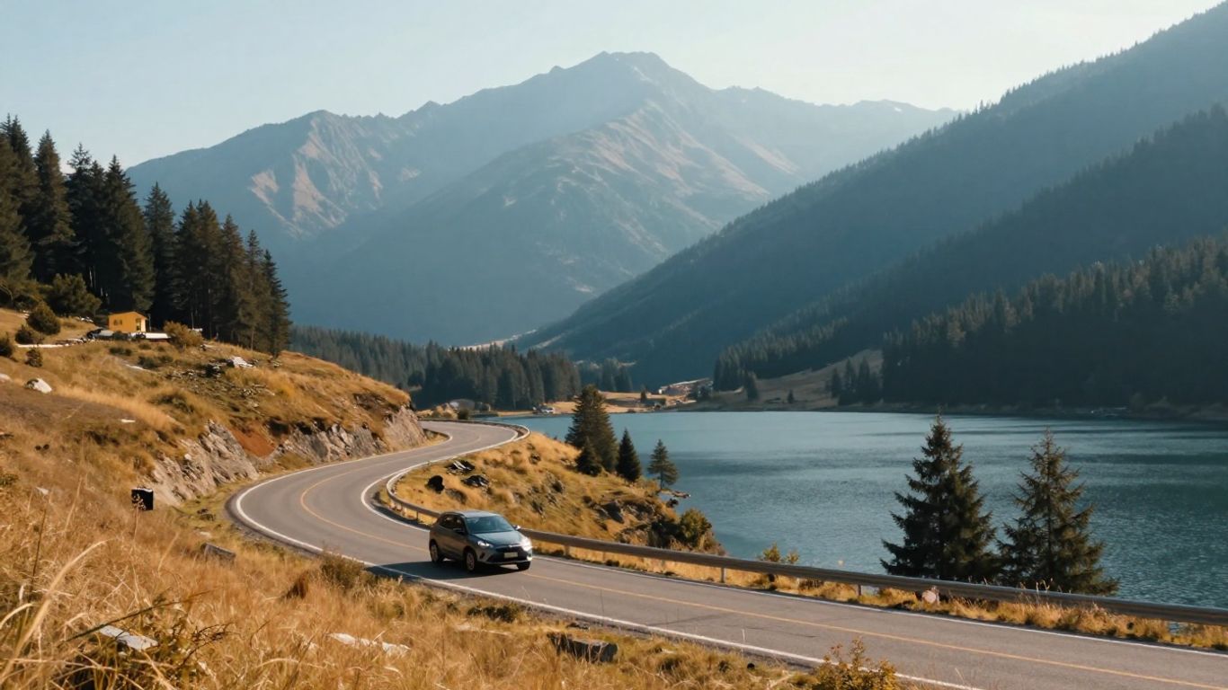 Sunlit road winding through mountains