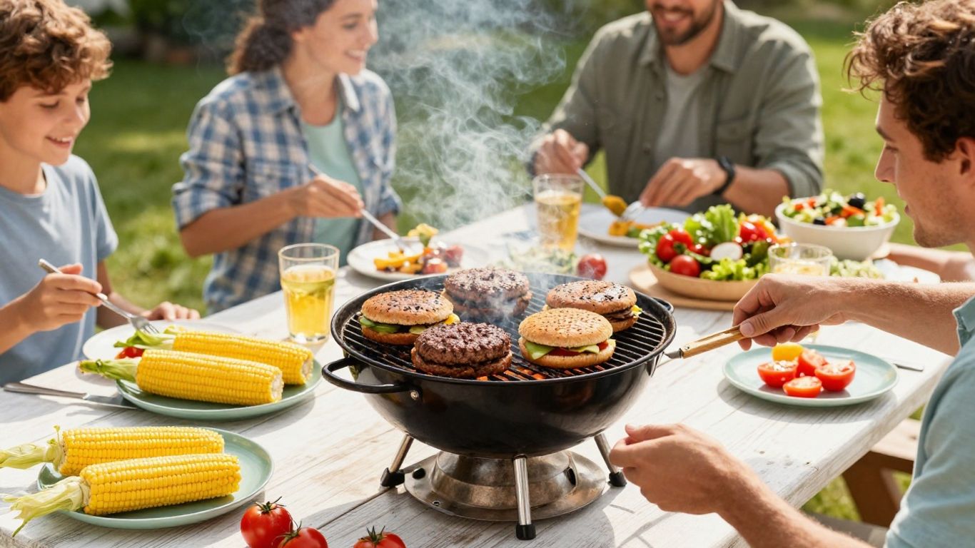 Family enjoying a summer BBQ with grilled food and fresh produce.