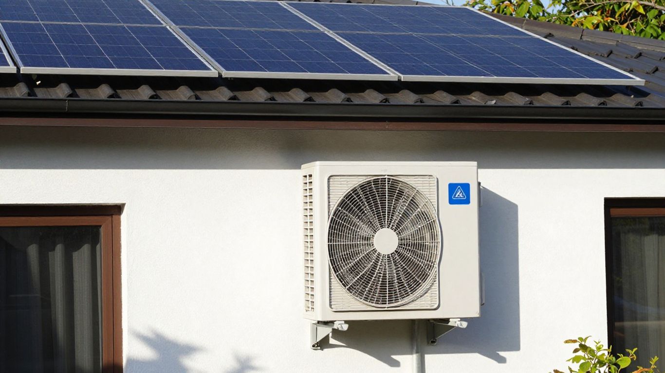 Maison avec panneaux solaires et pompe à chaleur.